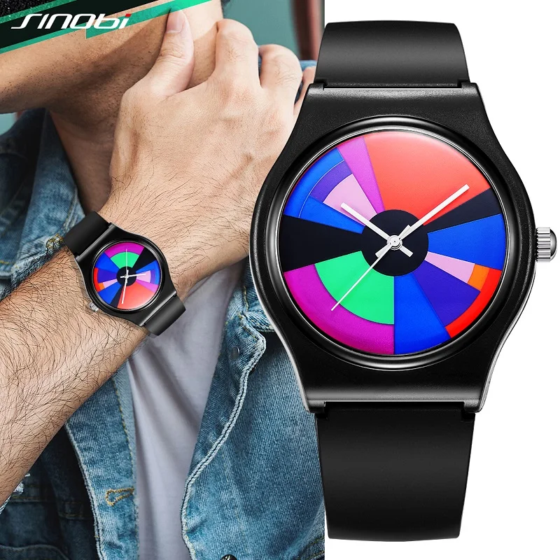 Black wristwatch with colorful circular face.