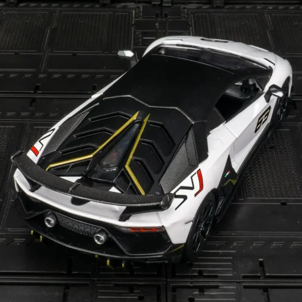 White Lamborghini Aventador SVJ model car.