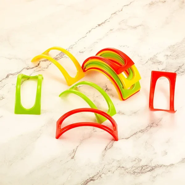 Colorful plastic arch-shaped kitchen organizers.