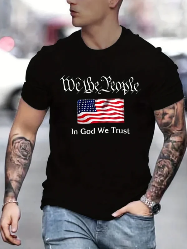 Trendy American Flag & Letter Pattern Print Men's T-shirt, Graphic Tee Men's Summer Clothes, Men's Outfits100% Cotton Oversized - Image 4