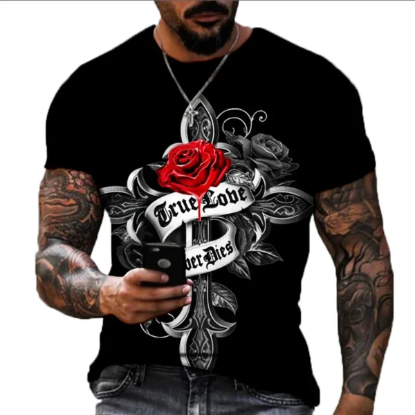 Men's 3D Cross-printed Short-sleeved T-shirt, Oversized Shirt, Vintage Clothing, 2023 - Image 2