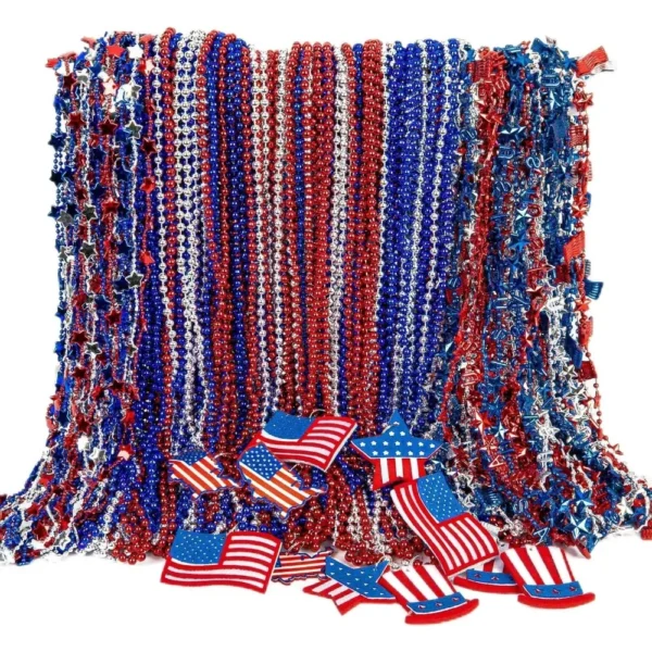 300PCS 4th of July Necklace, 16 Kinds Patriotic Independence Day Red Blue White Necklace USA Hat Flags Pendant