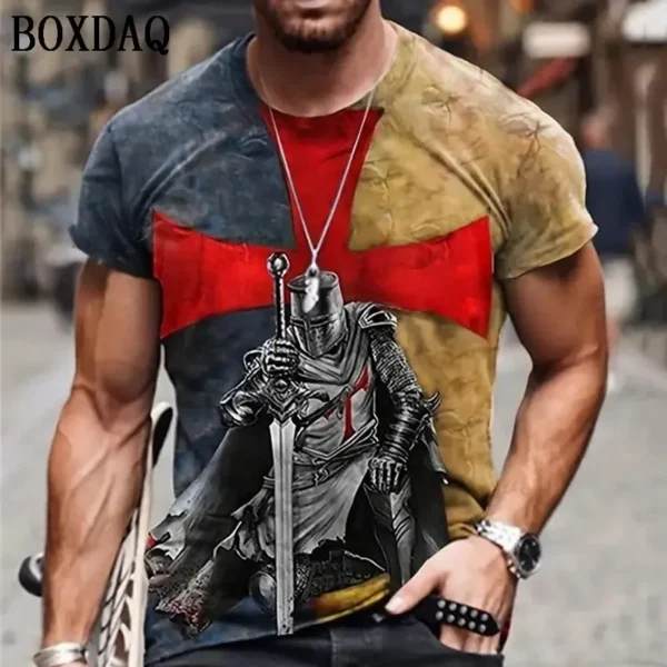 Vintage Men's T-Shirts Short Sleeve 3d Crusader Printed Loose Oversized T Shirt Street Casual Top Tees High Quality Men Clothing - Image 3