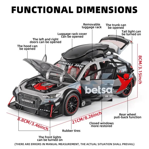 1/24 Audi RS6 Modified Vehicles Car Model Toys Alloy Diecast With Pull Back Light & Sound Model Cars Boys Gifts For Children - Image 6