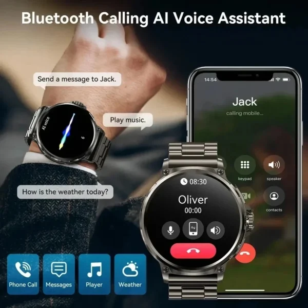 Black smartwatch with AI voice assistant features.