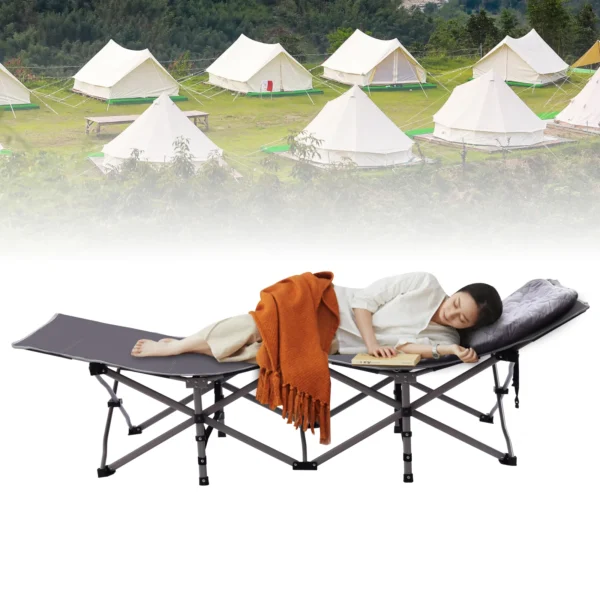 Woman sleeping on a camping cot.