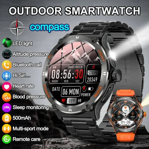 Black and orange smart watch with compass.