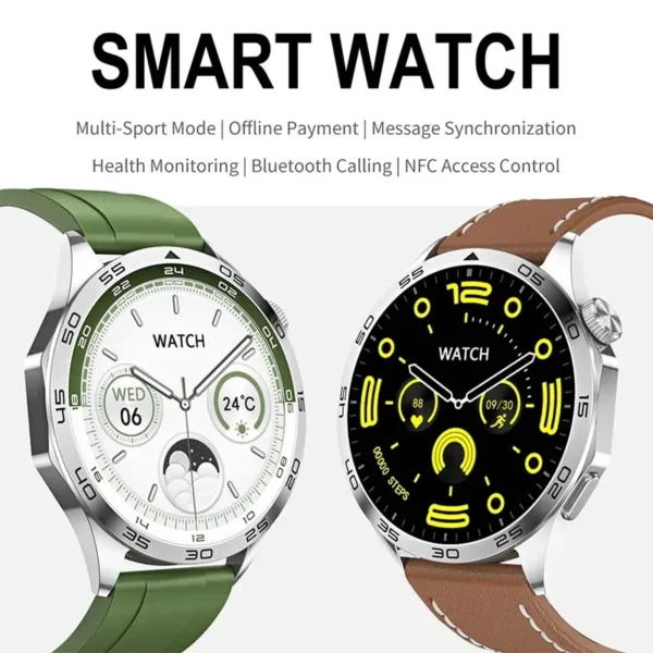 Two smartwatches with different color straps.