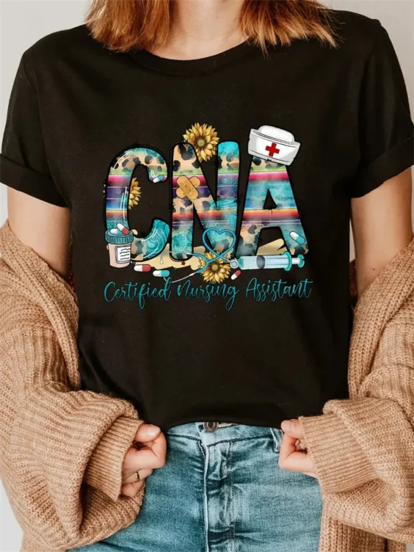 CNA Nurse Print Graphic T-Shirts Polyester Breathable Tee Shirt Crew Neck Casual Black T Shirts For Women