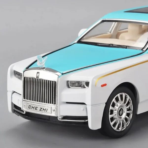 White and blue Rolls Royce Phantom model car.