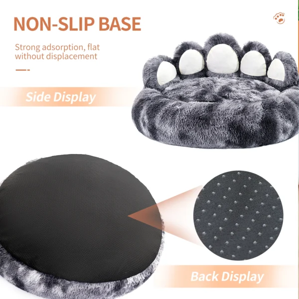 Gray paw-shaped pet bed with non-slip base.