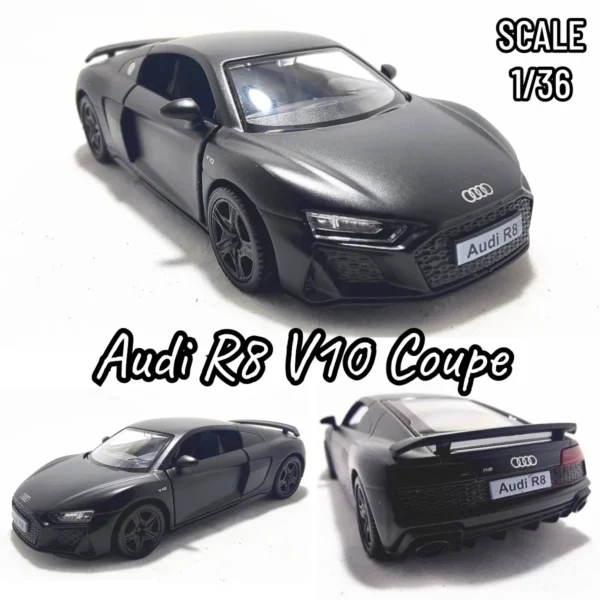 1:36 Audi R8 V10 Coupe Noire Metal Diecast Car Model Repilca Scale Miniature Collection Vehicle Hobby Kid Toy for Boy Xmas Gift