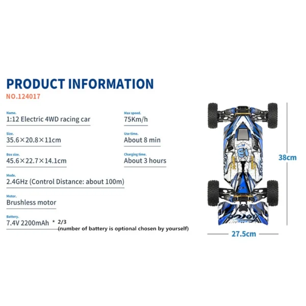 Blue and white 1:12 scale 4WD RC car.