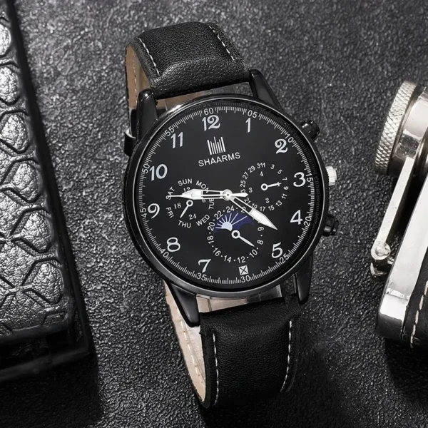 Black leather analog watch with moon phase.