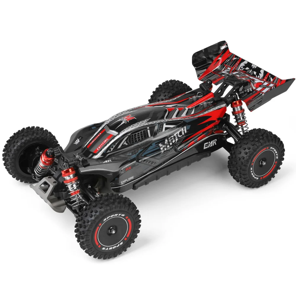 Red and black remote control race car.