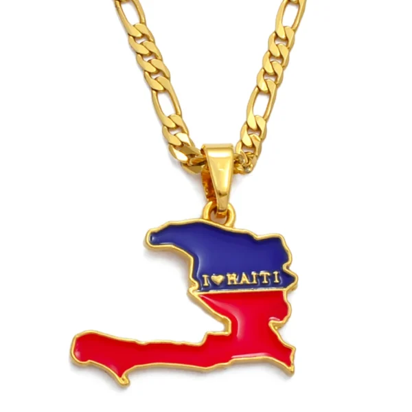 Gold chain with Haiti map pendant.