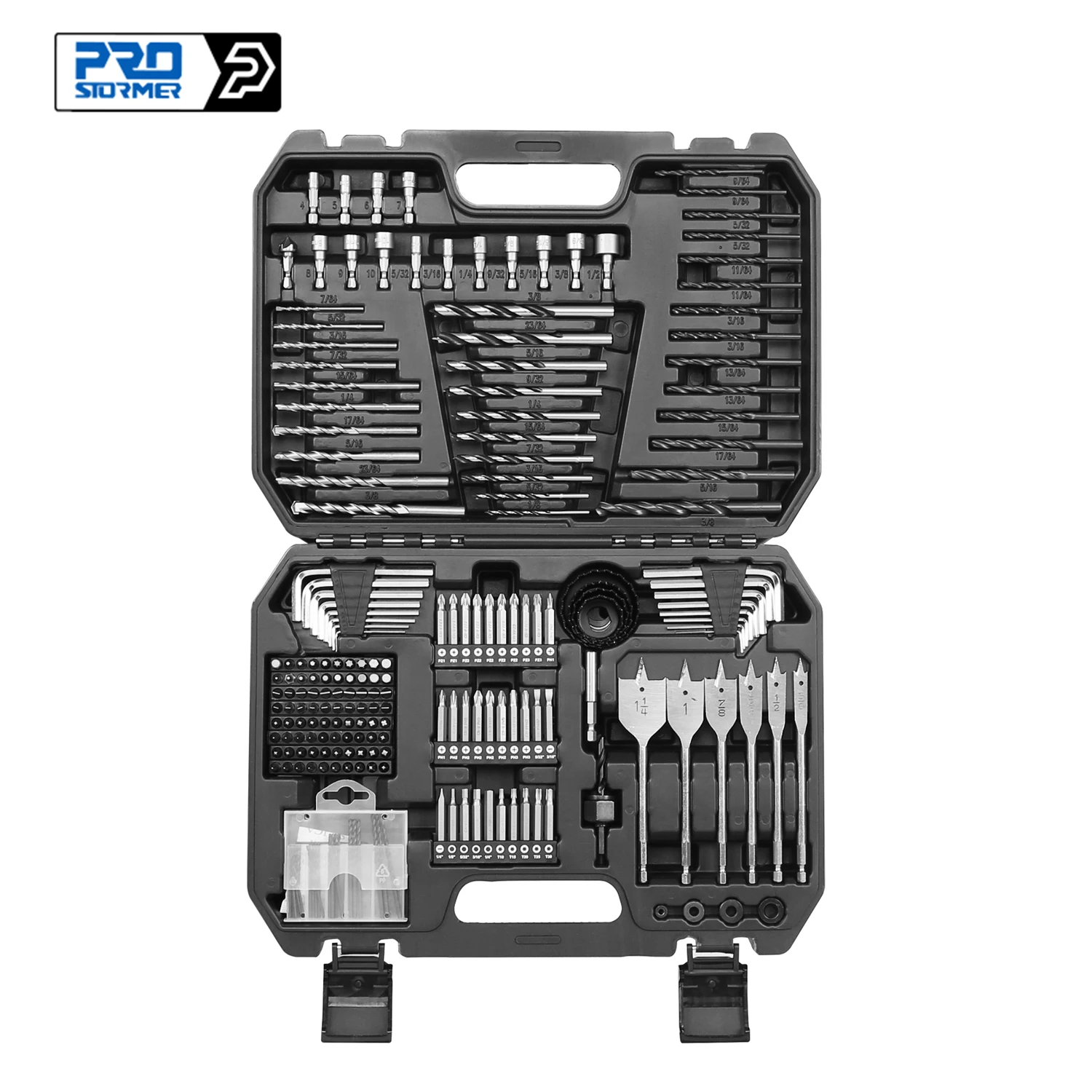 Black plastic case of drill bits and tools.