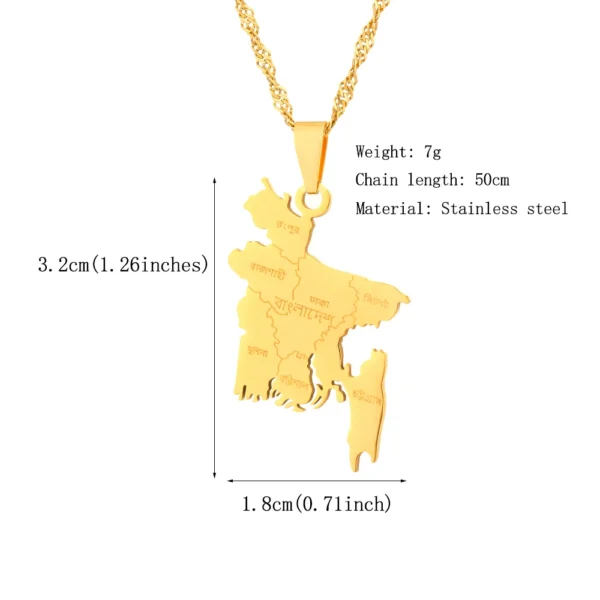 Gold necklace with Bangladesh map pendant.