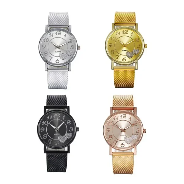 Four wristwatches with heart accents.