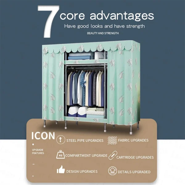 Teal patterned fabric wardrobe with clothes hanging.