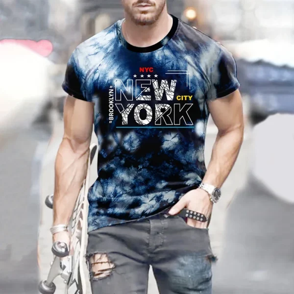 Men's New York Letter 3D Digital Printed T-shirt, Comfortable and Informal Downgraded Short Sleeved T-shirt, Summer Oversized Ca - Image 2