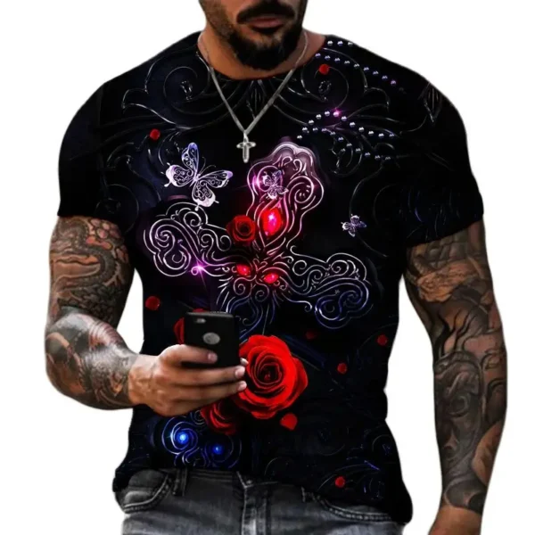 Men's 3D Cross-printed Short-sleeved T-shirt, Oversized Shirt, Vintage Clothing, 2023 - Image 4