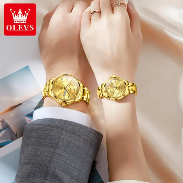 Gold couple's watches with diamond accents.