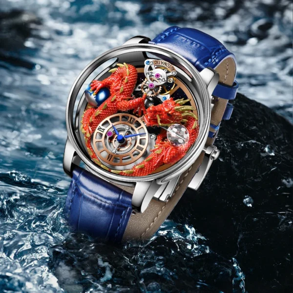 Red dragon automatic wristwatch with blue strap.