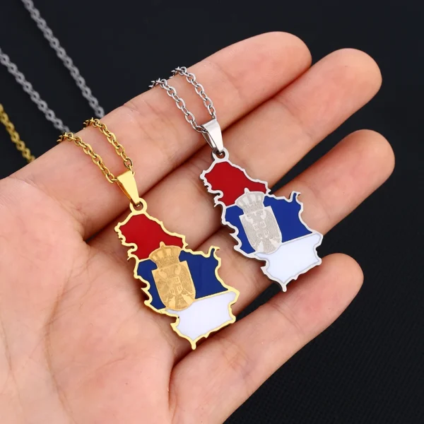 Two gold and silver Serbia flag necklaces.