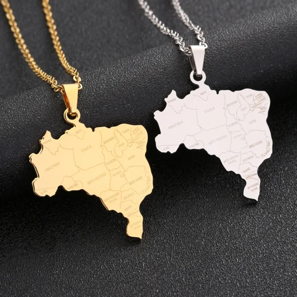 Gold and silver Brazil map necklaces.