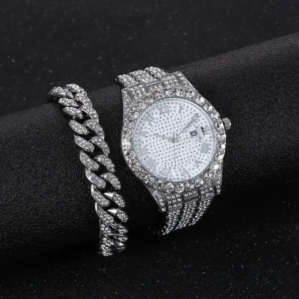 Silver diamond watch and bracelet set.