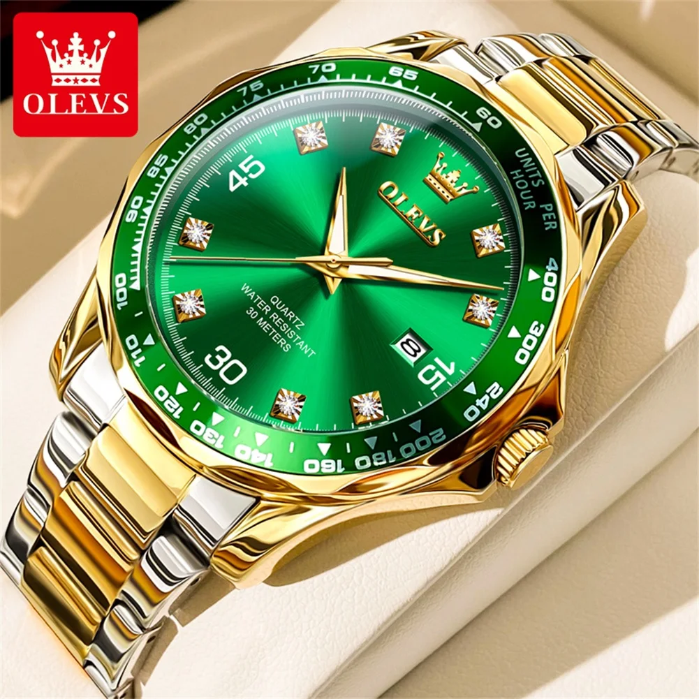 Gold and silver Olevs wristwatch with green face.