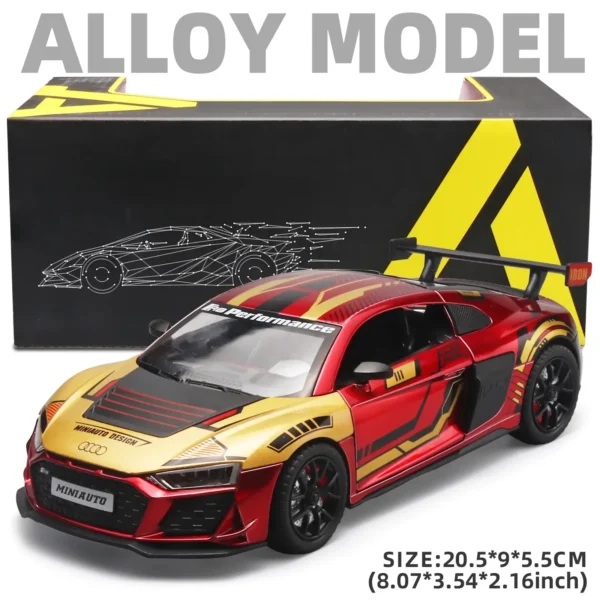 Red and gold toy car with black wheels.