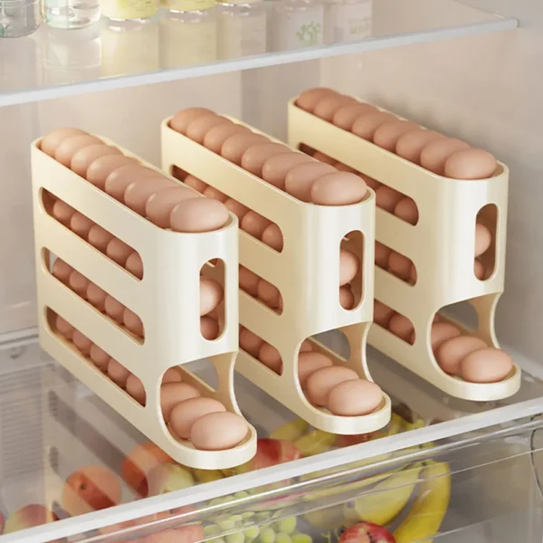 Three egg holders in a refrigerator.