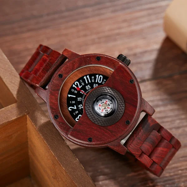 Wooden wristwatch with compass face.