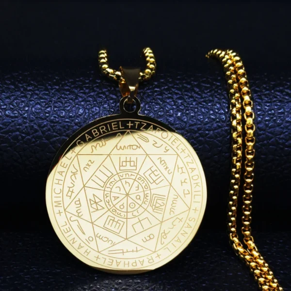 Gold necklace with archangel sigil pendant.