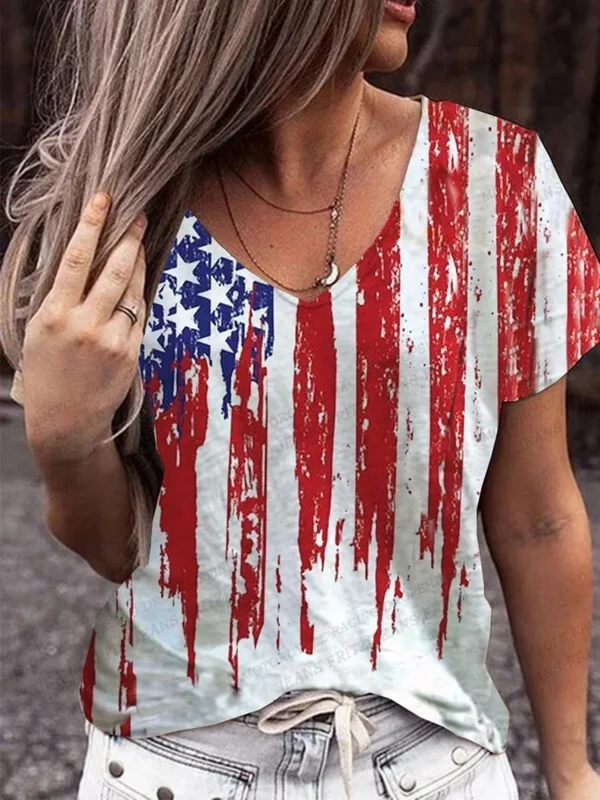 American Flag 3d Print T-shirt Women Fashion V-Neck T shirts Short Sleeve Tops Tees Loose Casual Tees Vintage Camisetas USA Flag - Image 3