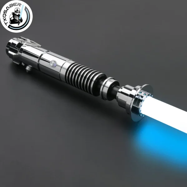 Silver lightsaber with blue blade lit up.