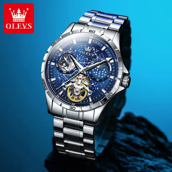 Silver Olevs automatic wristwatch with blue face.