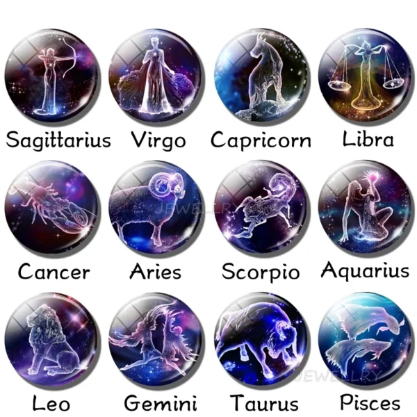 Zodiac signs on glass cabochons.