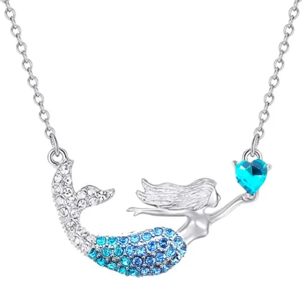 Silver mermaid necklace with blue heart charm.