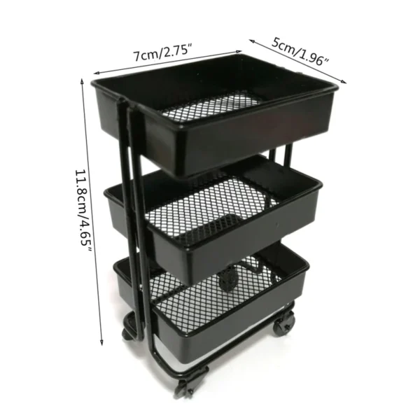 Black metal three-tiered rolling cart.