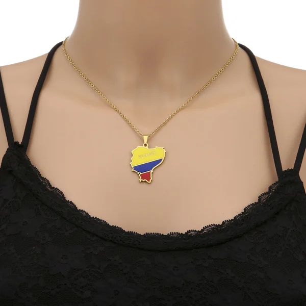 Ecuador map pendant necklace on model.