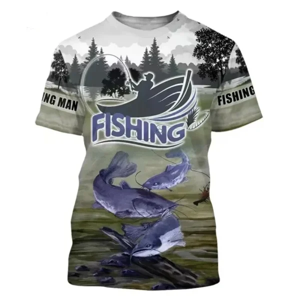 Men Forest Fishing Element Pattern Breathable Short Sleeve Men's Fashion Trend Sports Slim Top Men's Casual Comfortable T-Shirt - Image 2