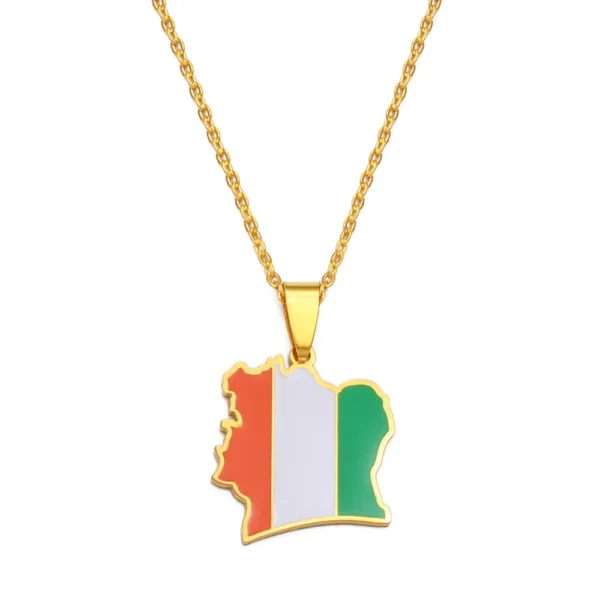 Gold necklace with Ivory Coast map pendant.