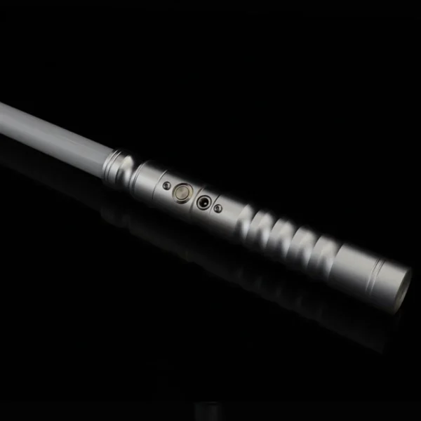 Silver lightsaber hilt with buttons.