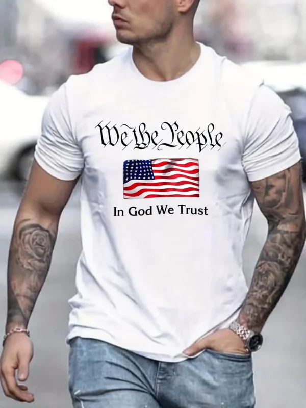 Trendy American Flag & Letter Pattern Print Men's T-shirt, Graphic Tee Men's Summer Clothes, Men's Outfits100% Cotton Oversized