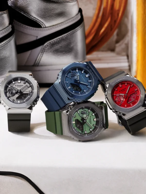 Four G-Shock watches with different colored faces.