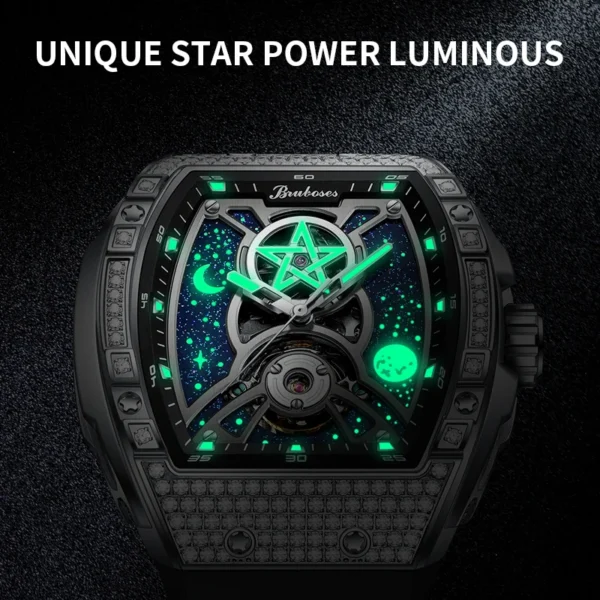 Luminous wristwatch with star and moon design.