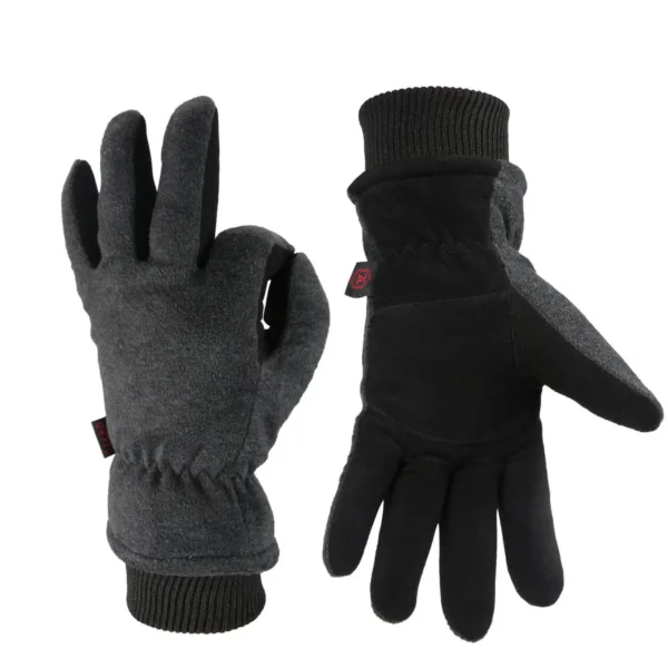 Pair of gray and black fleece gloves.